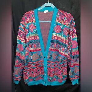 Graff Vintage Colorful All Over Floral Print Cardigan Sweater Size 16